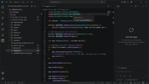 Visual Studio Code with baseball-history project open; left pane shows folders, right pane shows Program.cs with using directives highlighted and a context menu for sorting using directives