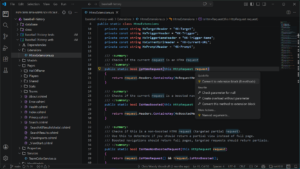 Visual Studio Code window showing C# file HtmxExtensions.cs with IsHtmxRequest method highlighted and a Quick Fix popup on the right side