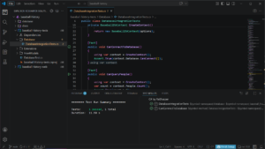 IDE screenshot: dark code editor with a baseball-history project, DatabaseIntegrationTests.cs open, and test results showing 1 passed.