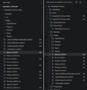 Side-by-side code explorers: left shows baseball-history-web with Models, Pages, Shared; right shows baseball-history (solution) with Extensions and Pages folders.