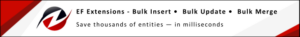 EF Extensions header banner with logo, listing Bulk Insert, Bulk Update, Bulk Merge and the tagline 'Save thousands of entities — in milliseconds'.