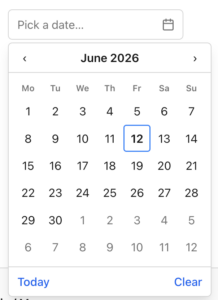 Date picker: input says 'Pick a date' with calendar icon; calendar shows June 2026 with 12 selected in blue outline.