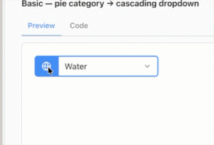 Cascading dropdown UI with a globe icon button showing 'Water' selected, cursor hovering over the control.